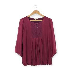 Prontomoda Giusy Burgundy Silk Lace Panel Blouse Size M